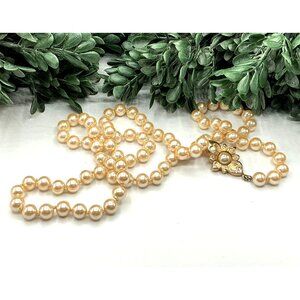 Vintage Single Strand Faux Pearl Necklace With Gold-Tone Floral Clasp